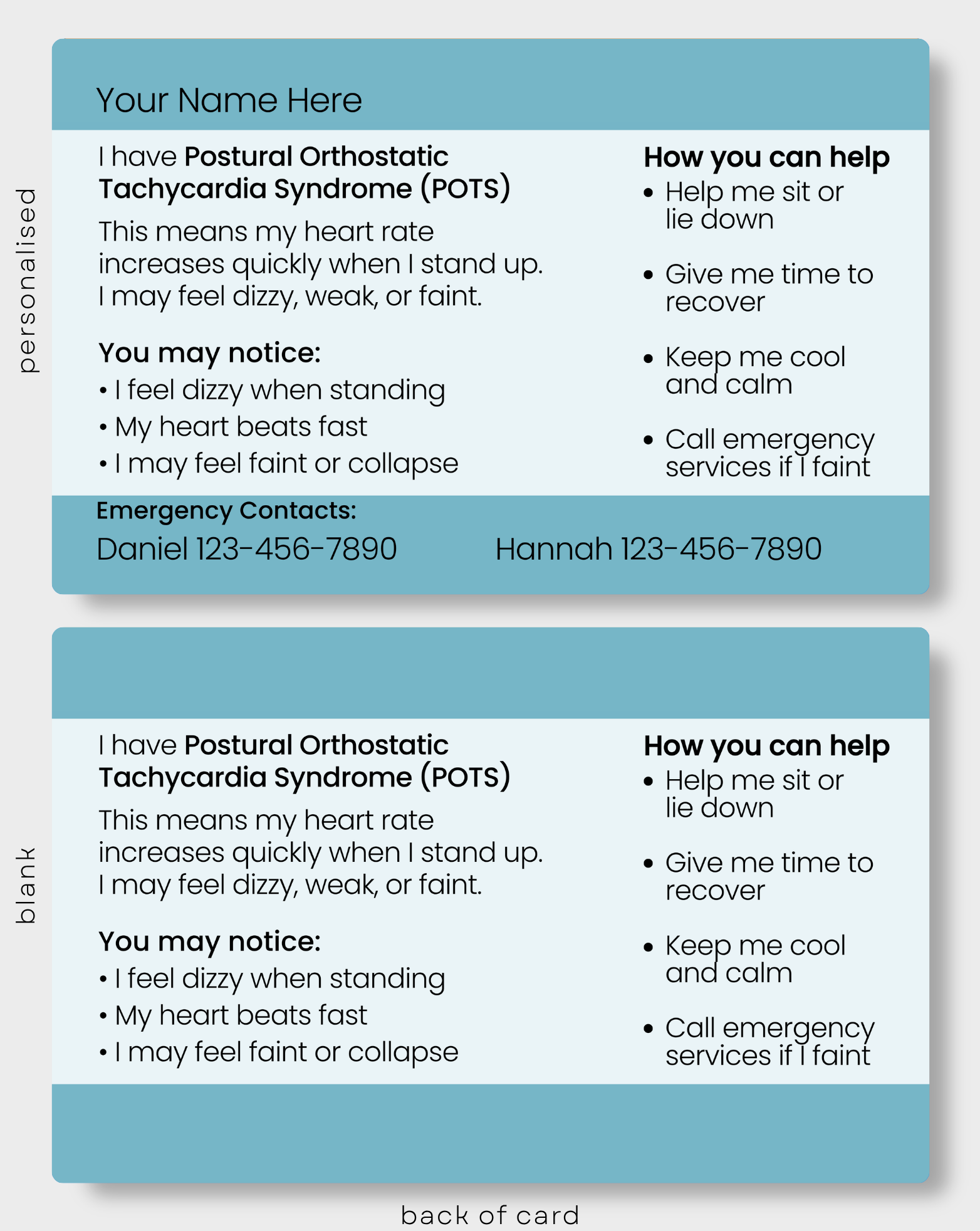 Back of POTS (Postural Orthostatic Tachycardia Syndrome) Medical Alert Card showing important information