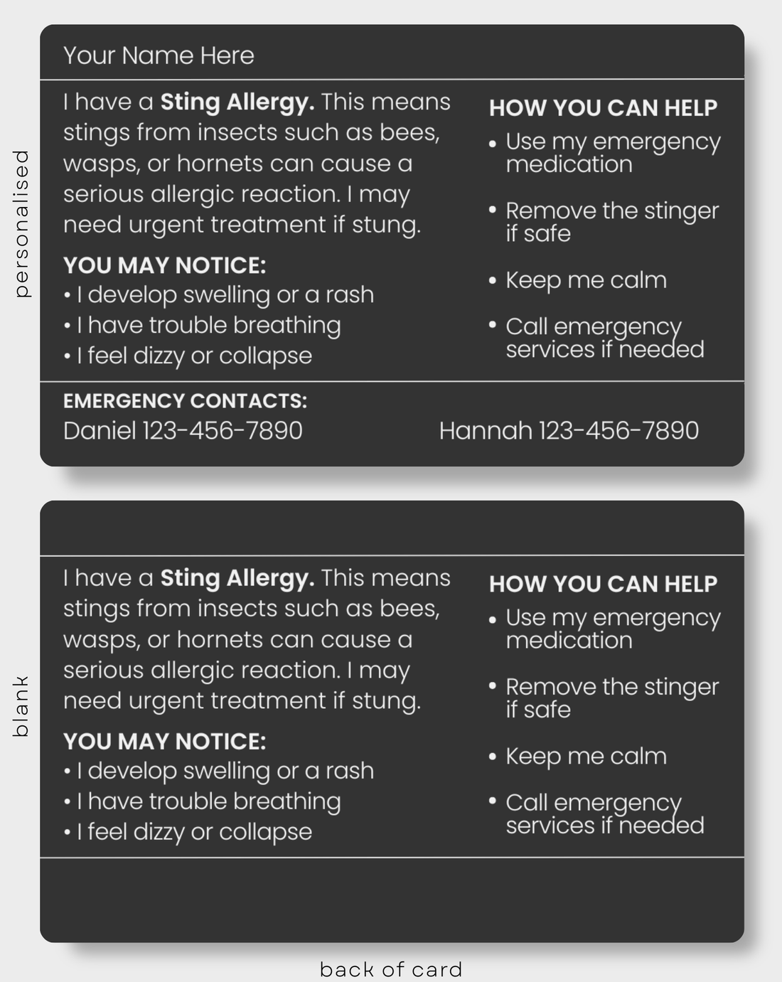 Black Sting Allergy engraved medical alert card held in hand