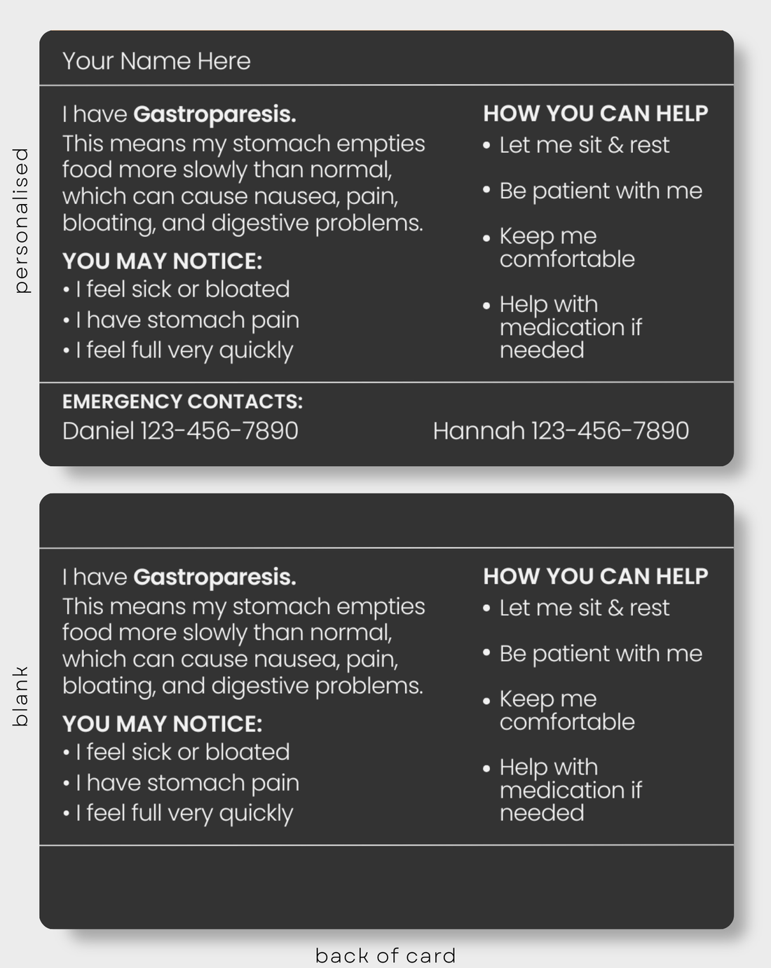 Black Gastroparesis engraved medical alert card held in hand