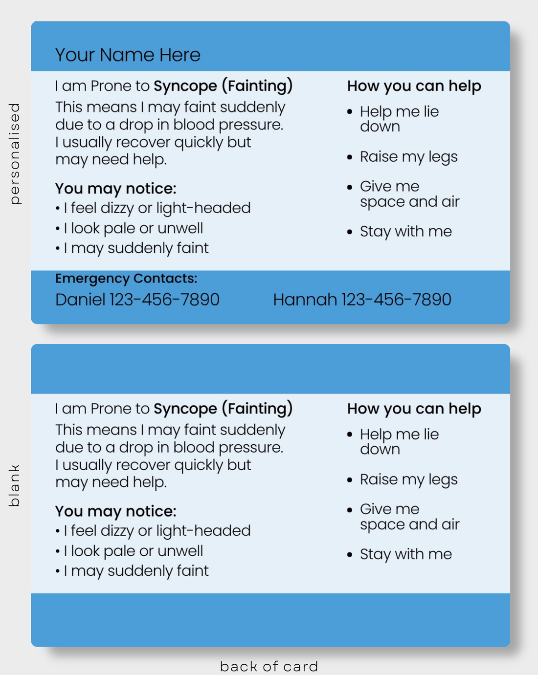 Blue Syncope medical alert card held in hand