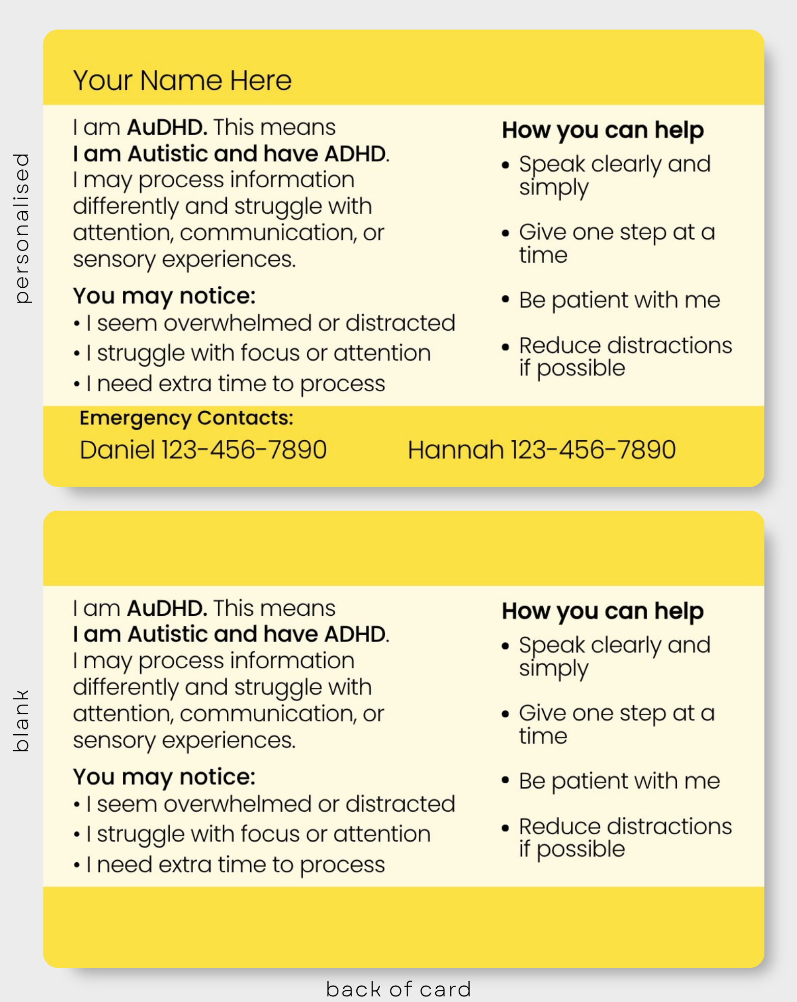 Back of yellow AuDHD medical alert card showing autism and ADHD support information