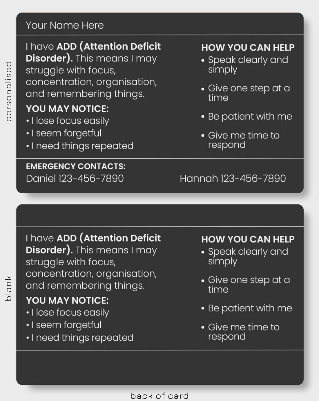 Black ADD (Attention Deficit Disorder) engraved medical alert card held in hand