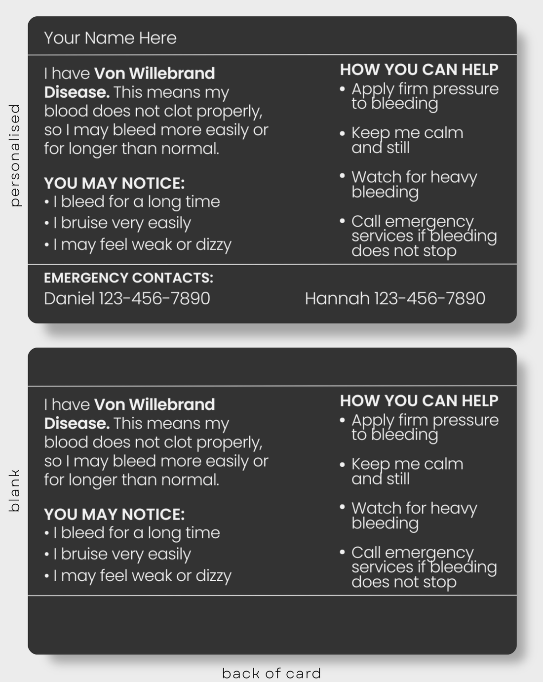 Black Von Willebrand Disease engraved medical alert card held in hand