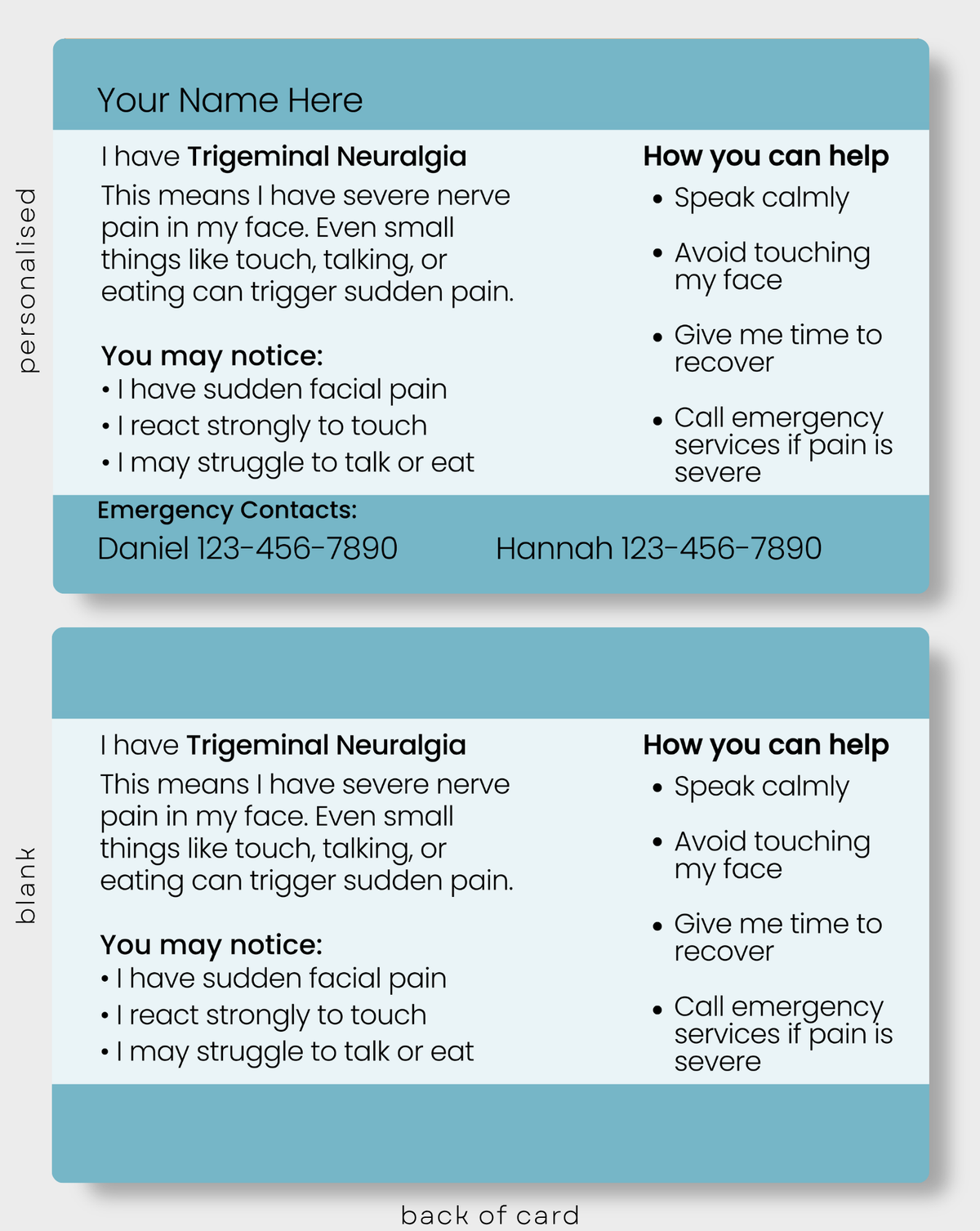 Back of Trigeminal Neuralgia Medical Alert Card showing important information