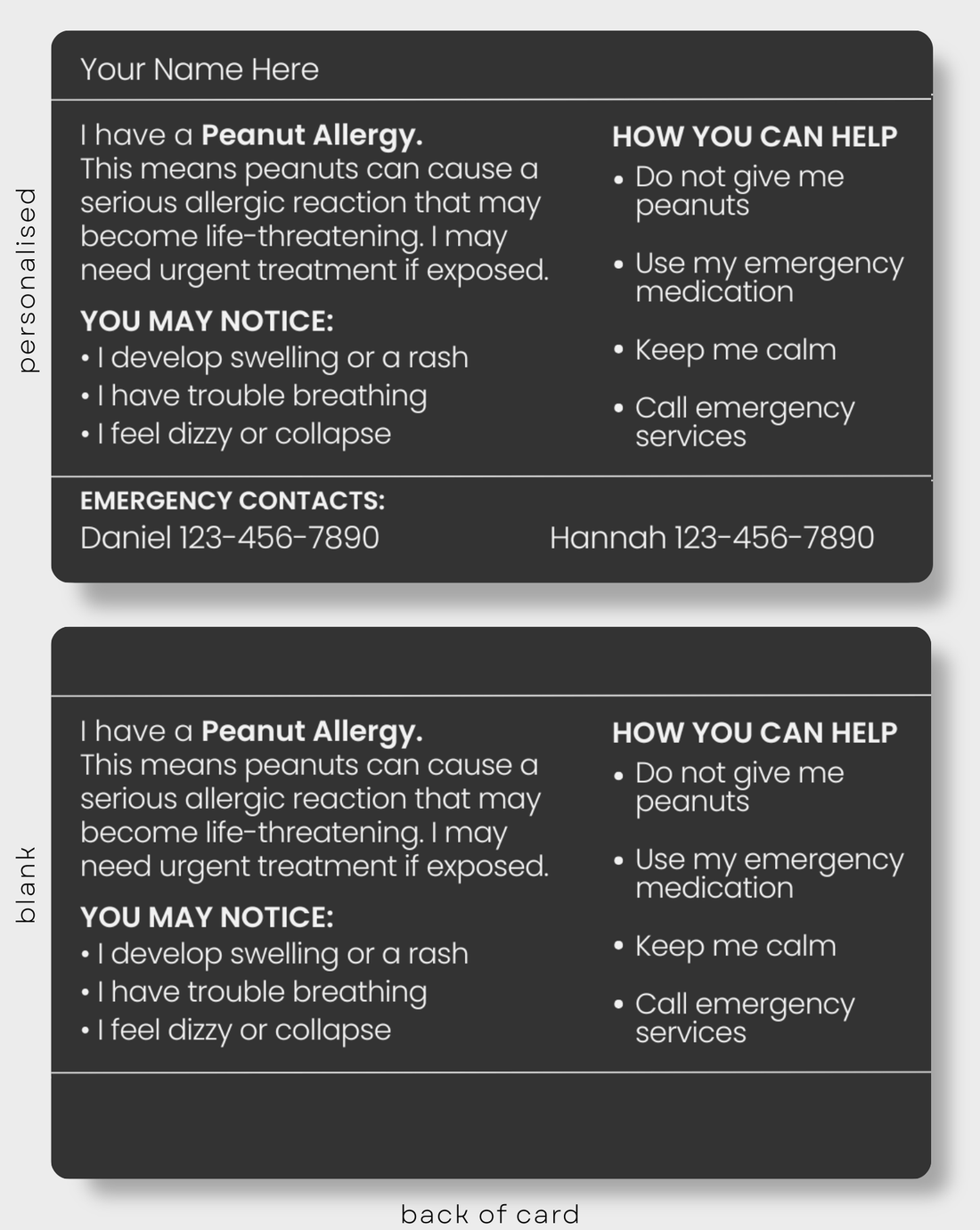 Black Peanut Allergy engraved medical alert card held in hand