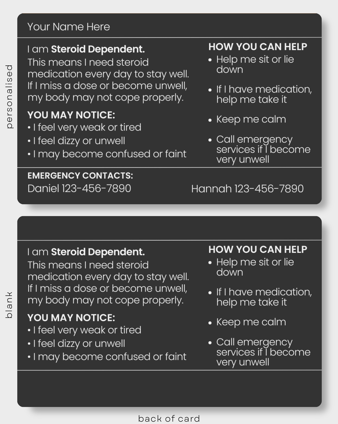 Black Steroid Dependent engraved medical alert card held in hand