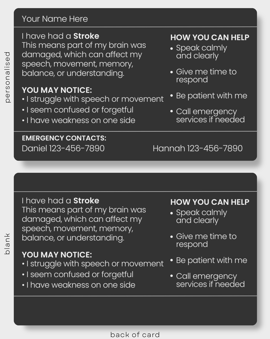 Black Stroke engraved medical alert card held in hand