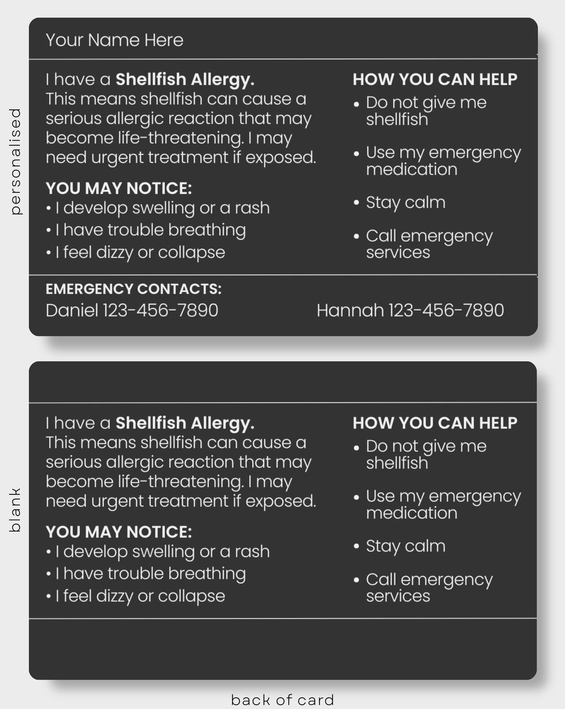 Black Shellfish Allergy engraved medical alert card held in hand