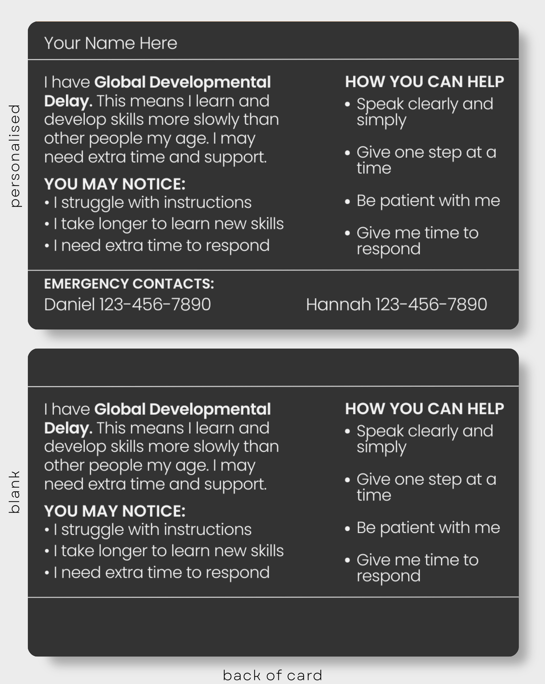 Black Global Developmental Delay engraved medical alert card held in hand