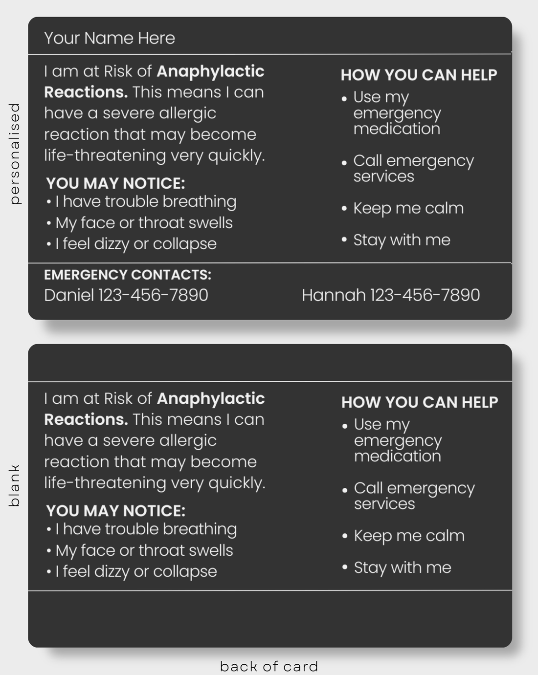 Black RH Negative engraved medical alert card held in hand