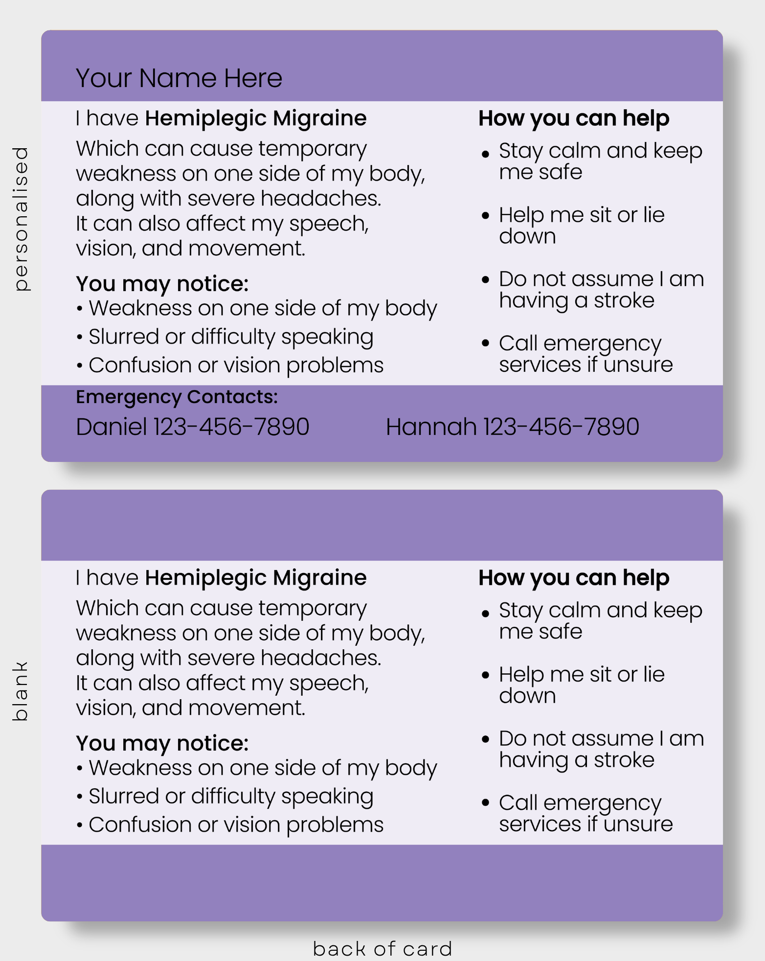 Back of Hemiplegic Migraines Medical Alert Card showing important information