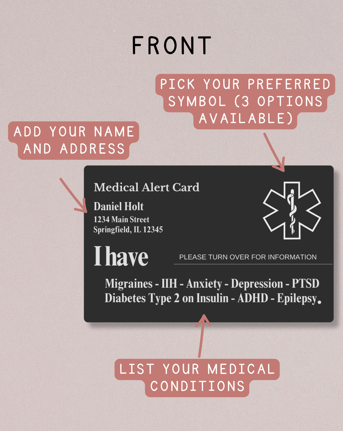 Custom Engraved Medical Alert Card - Black Aluminum (Full Detail Version)