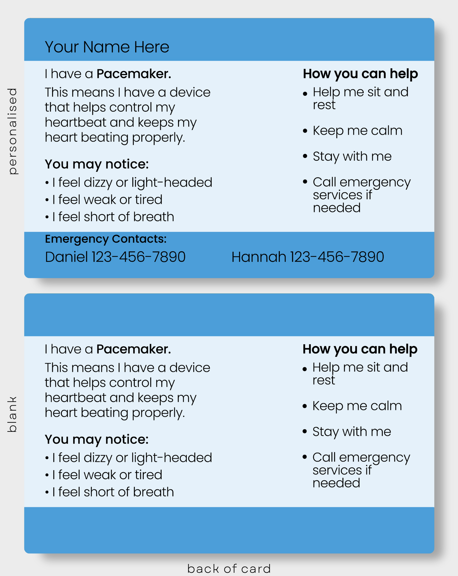 Back of Pacemaker Medical Alert Card showing important information