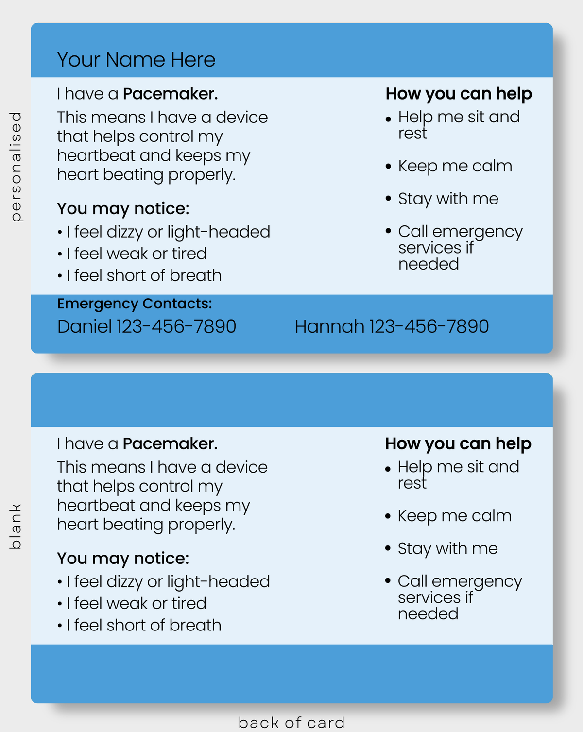 Back of Pacemaker Medical Alert Card showing important information