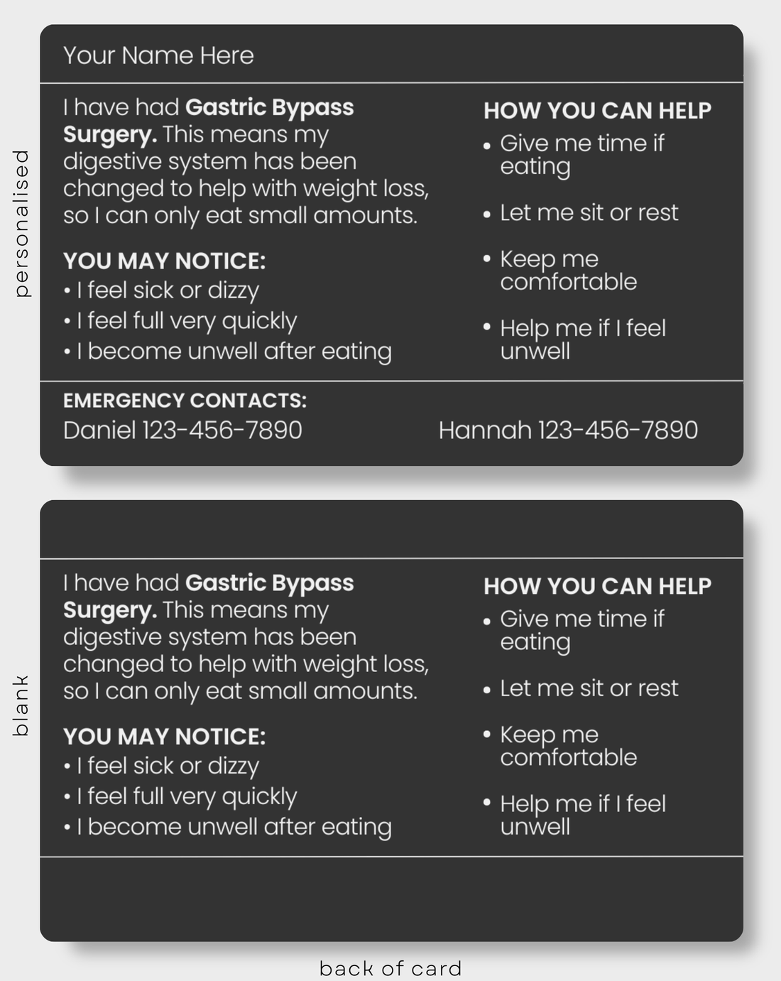 Black Gastric Bypass Surgery engraved medical alert card held in hand