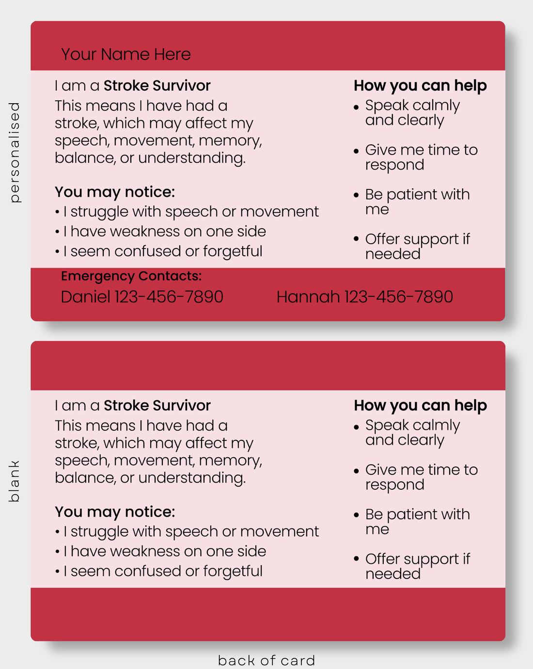 Red Stroke Survivor medical alert card held in hand