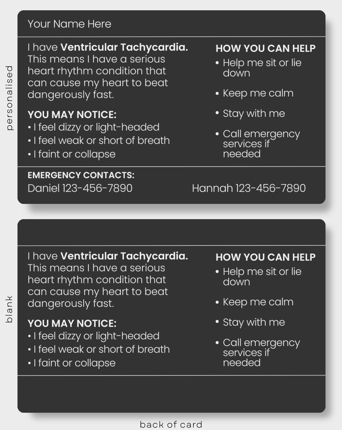 Black Ventricular Tachycardia engraved medical alert card held in hand
