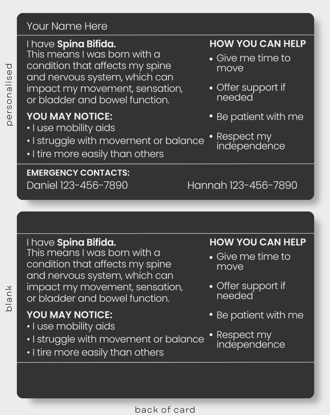 Black Spina Bifida engraved medical alert card held in hand