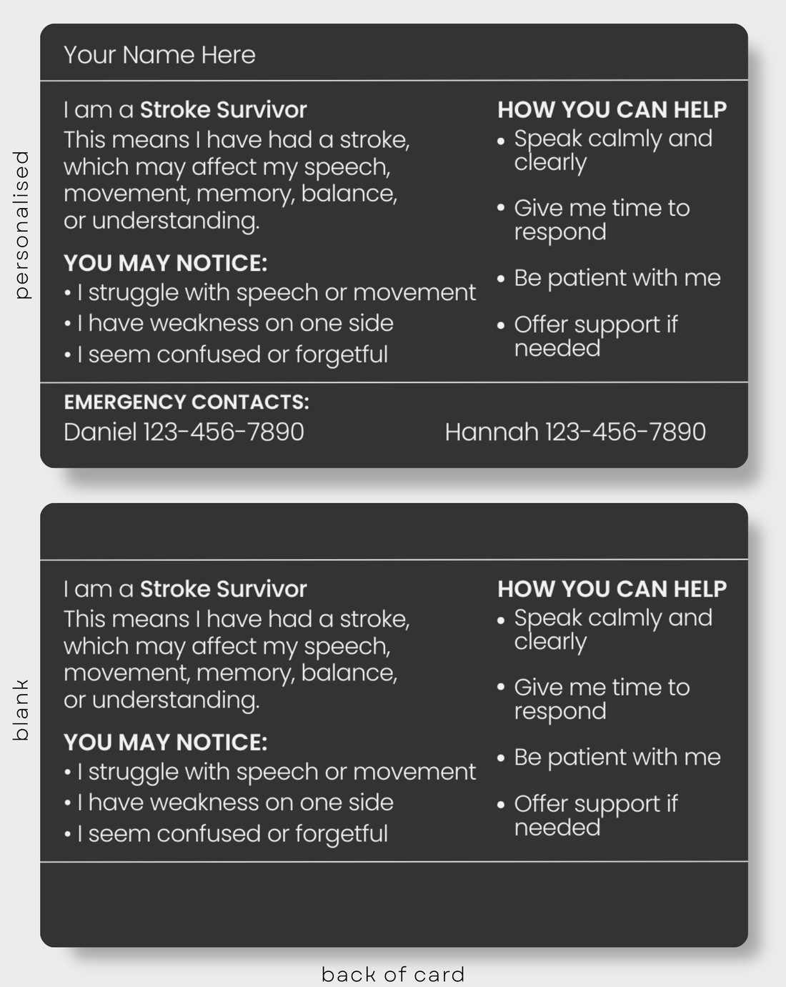 Black Stroke Survivor engraved medical alert card held in hand