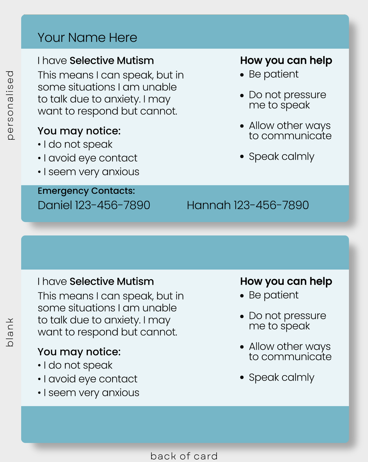 Back of Selective Mutism Medical Alert Card showing important information