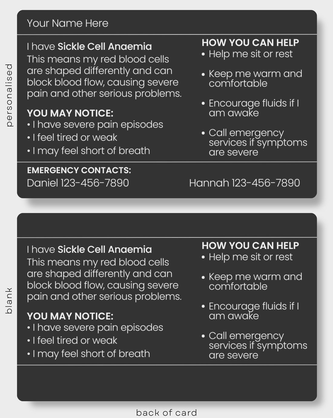 Black Sickle Cell Anaemia engraved medical alert card held in hand