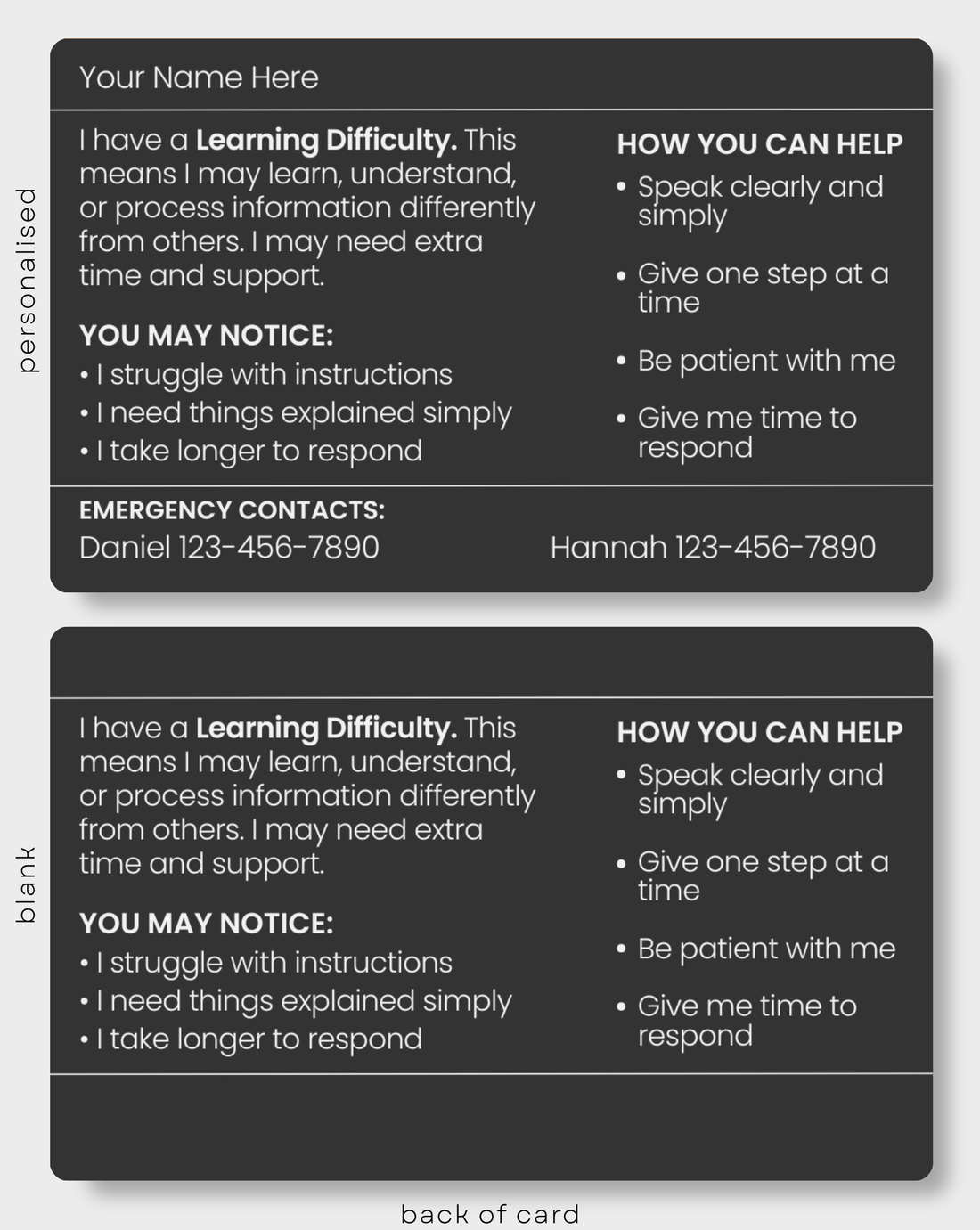 Black Learning Difficulty engraved medical alert card held in hand