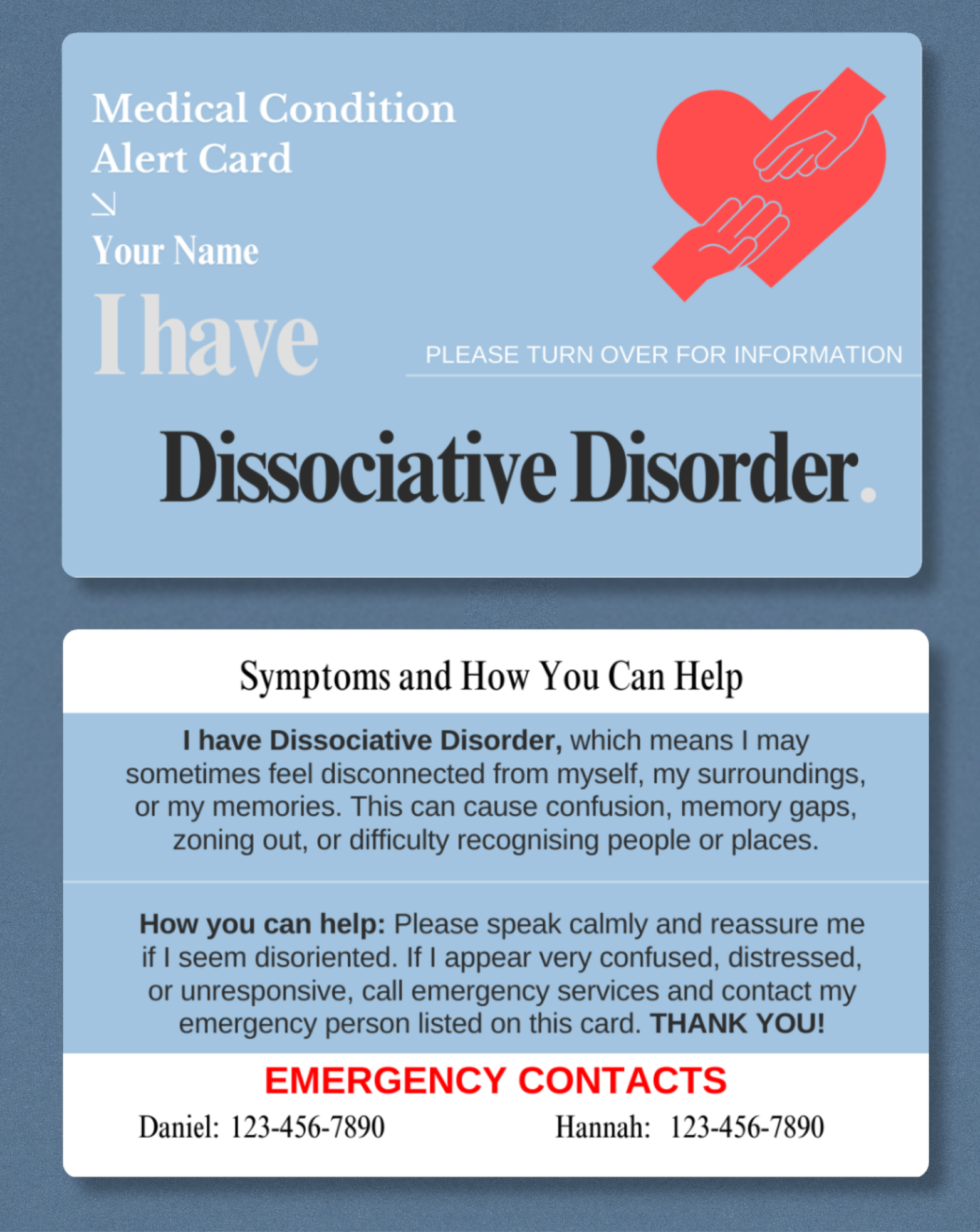 Dissociative Disorder Medical Alert Card