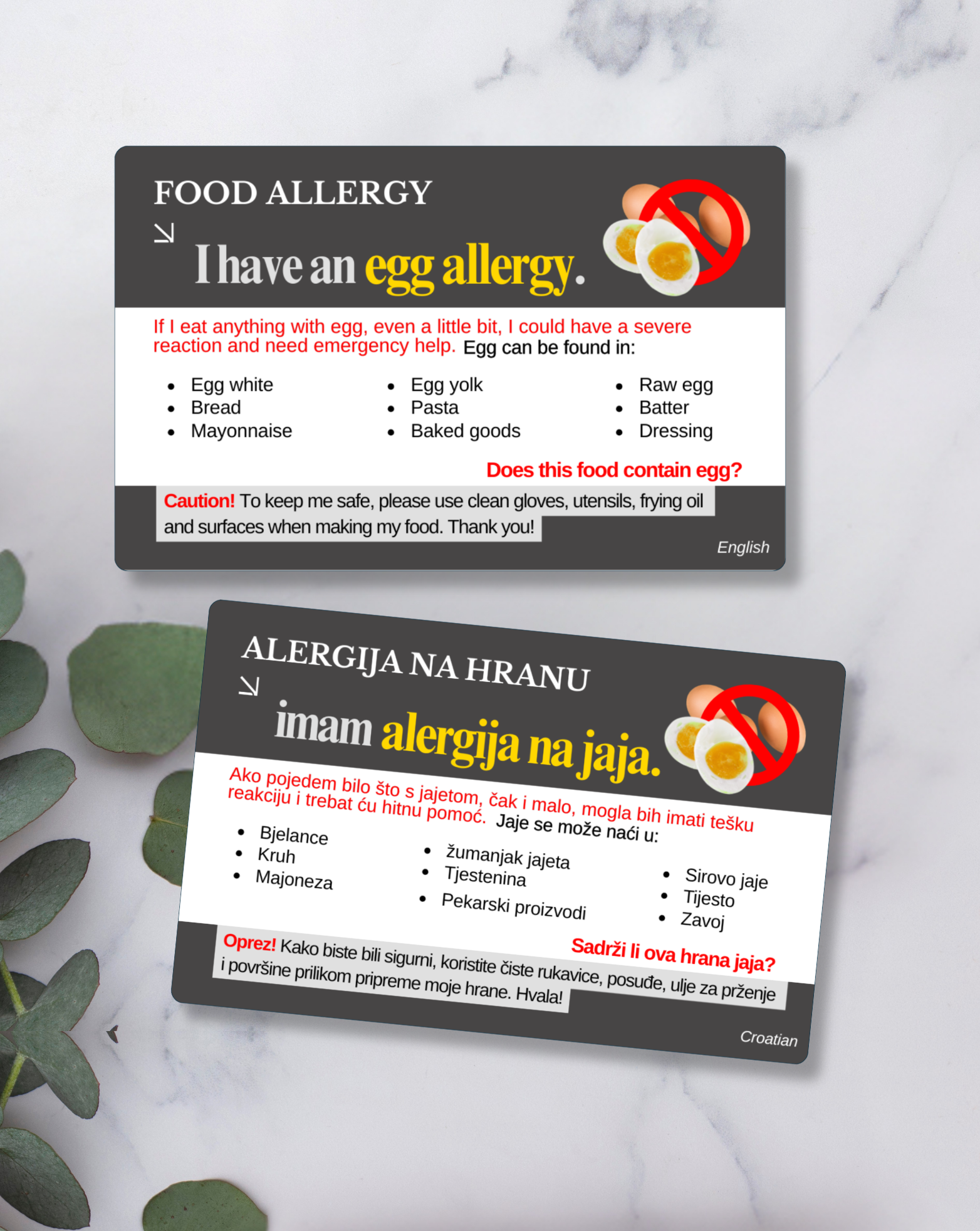 Egg Allergy Alert Card – Bilingual (English + Your Chosen Language)