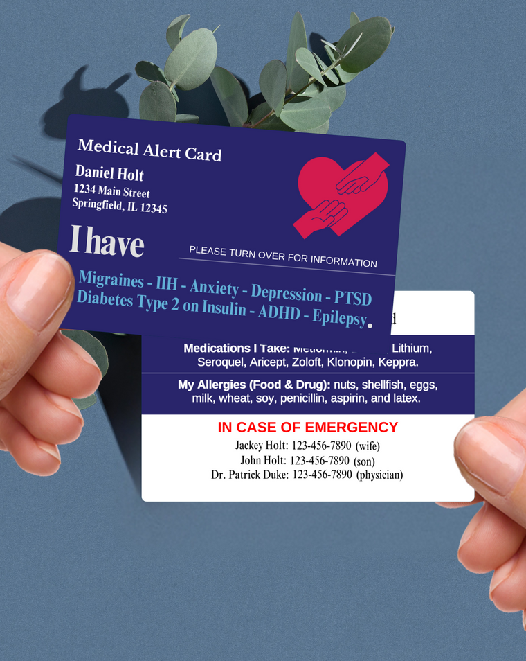 Navy Blue customised medical alert card shown with personalised medical details