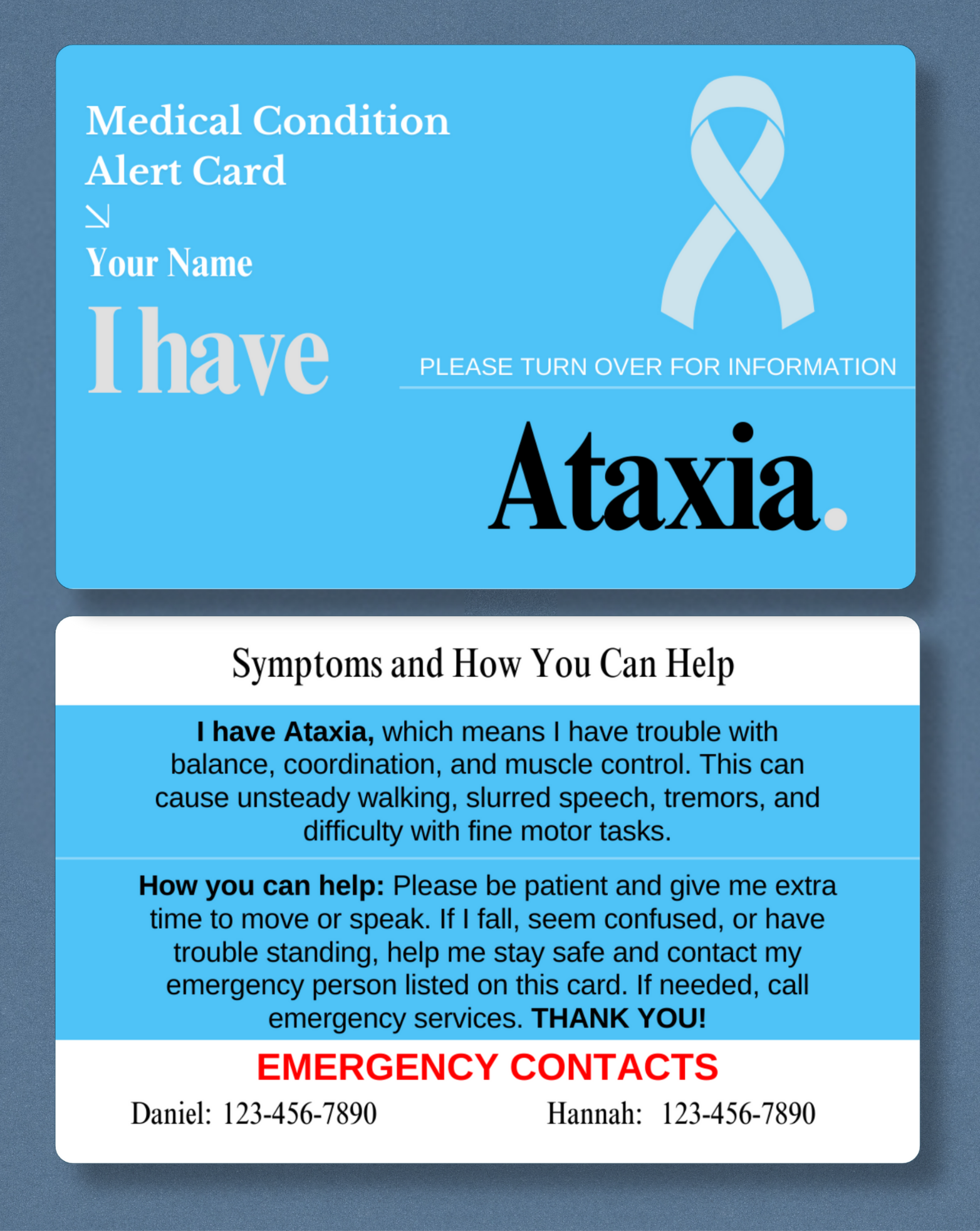 Ataxia Medical Alert Card