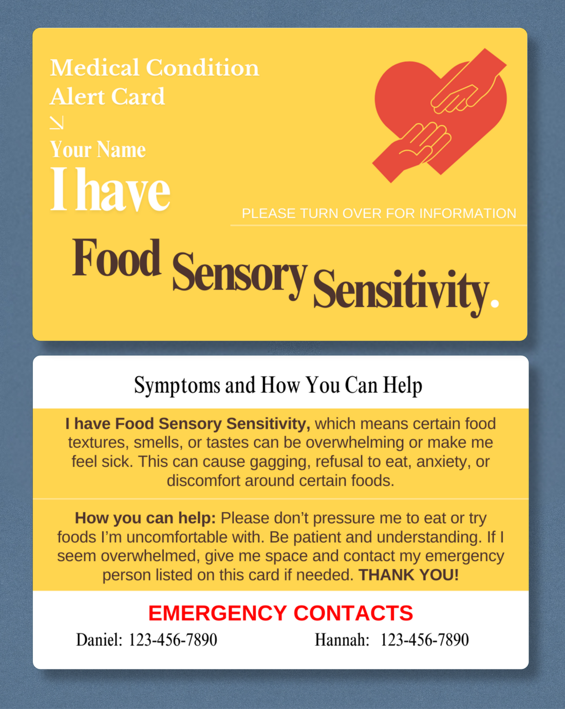 Food Sensory Sensitivity Medical Alert Card