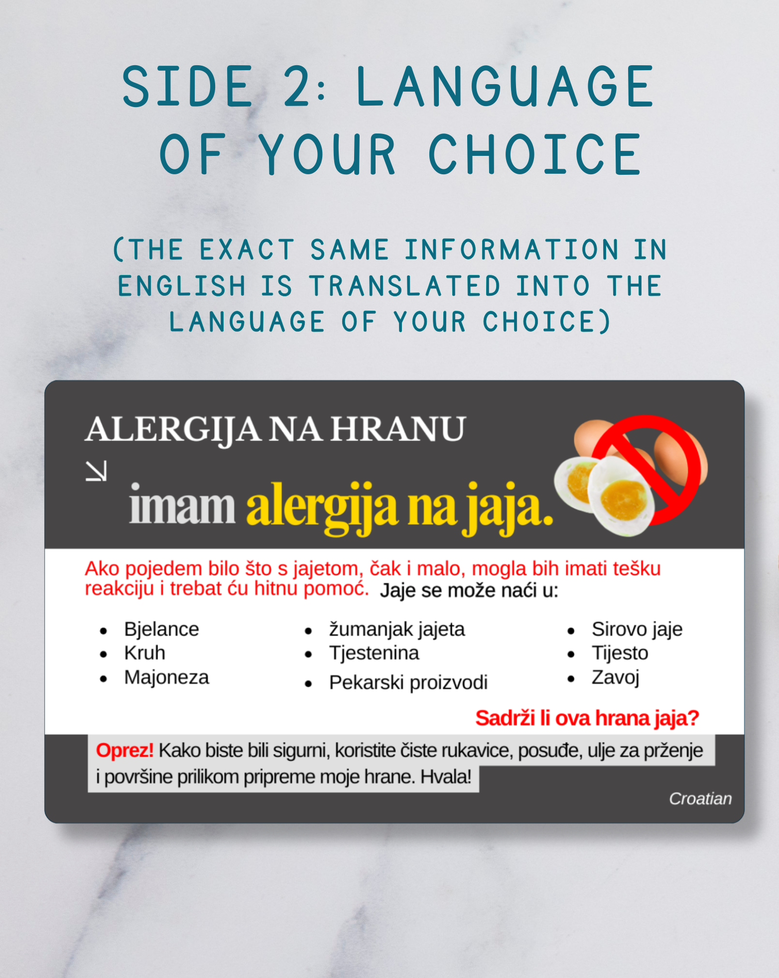 Egg Allergy Alert Card – Bilingual (English + Your Chosen Language)