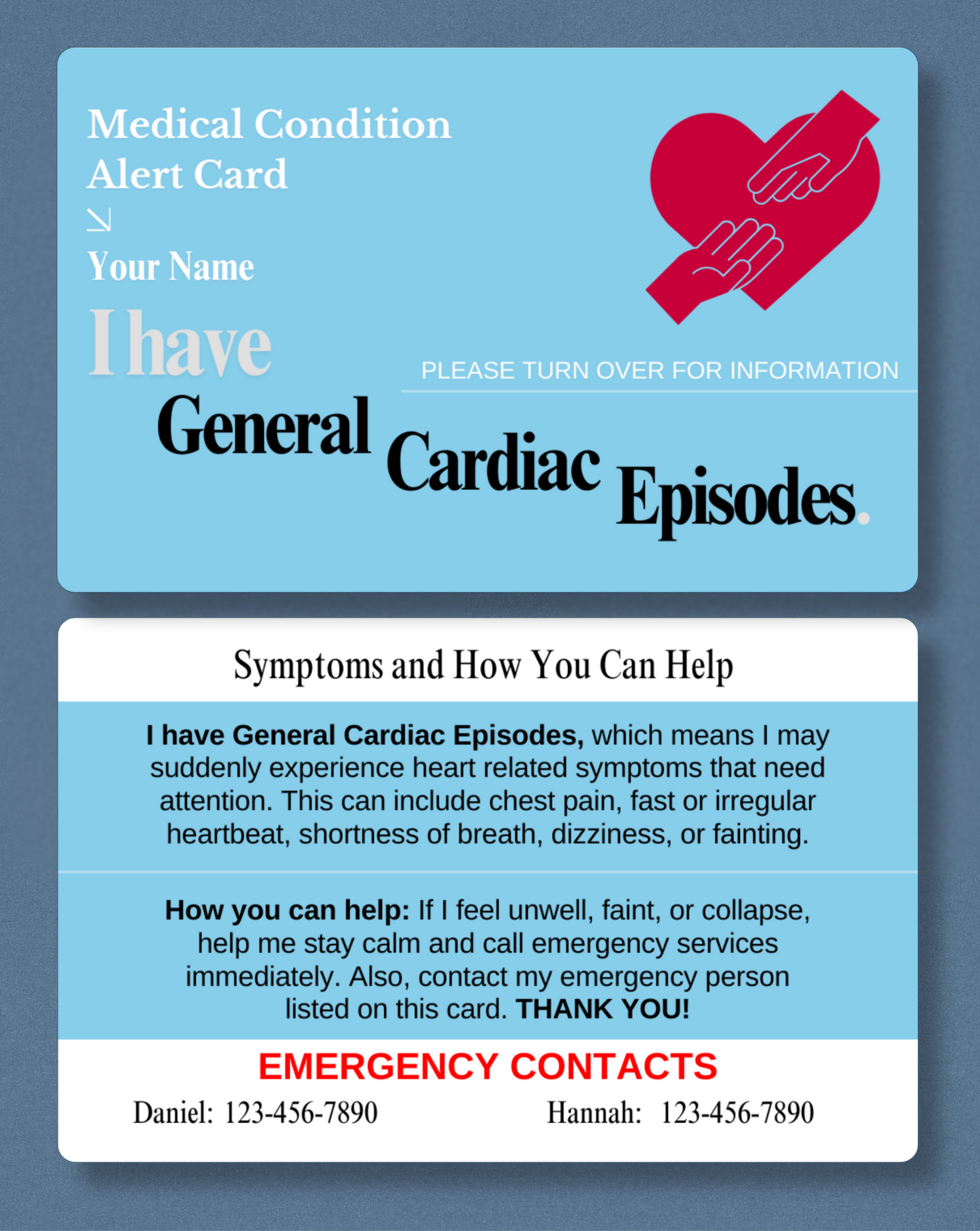 General Cardiac Episodes Medical Alert Card