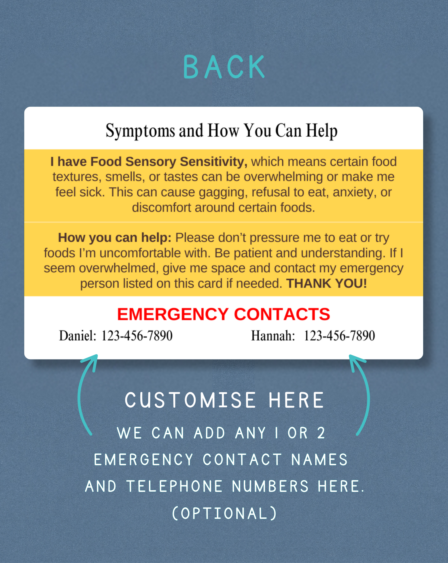 Food Sensory Sensitivity Medical Alert Card