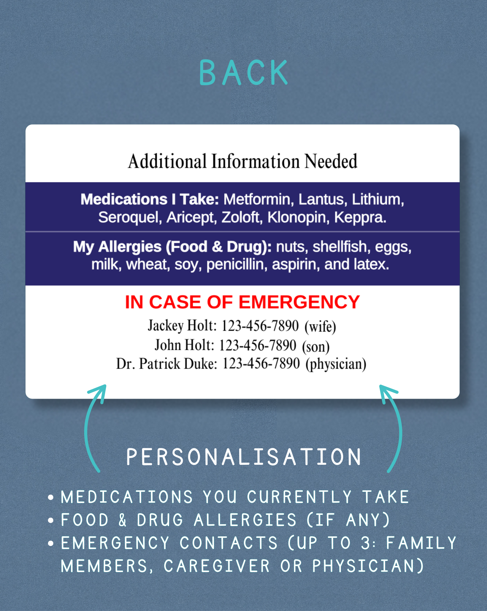 Customised Medical Alert Card (Navy Blue)
