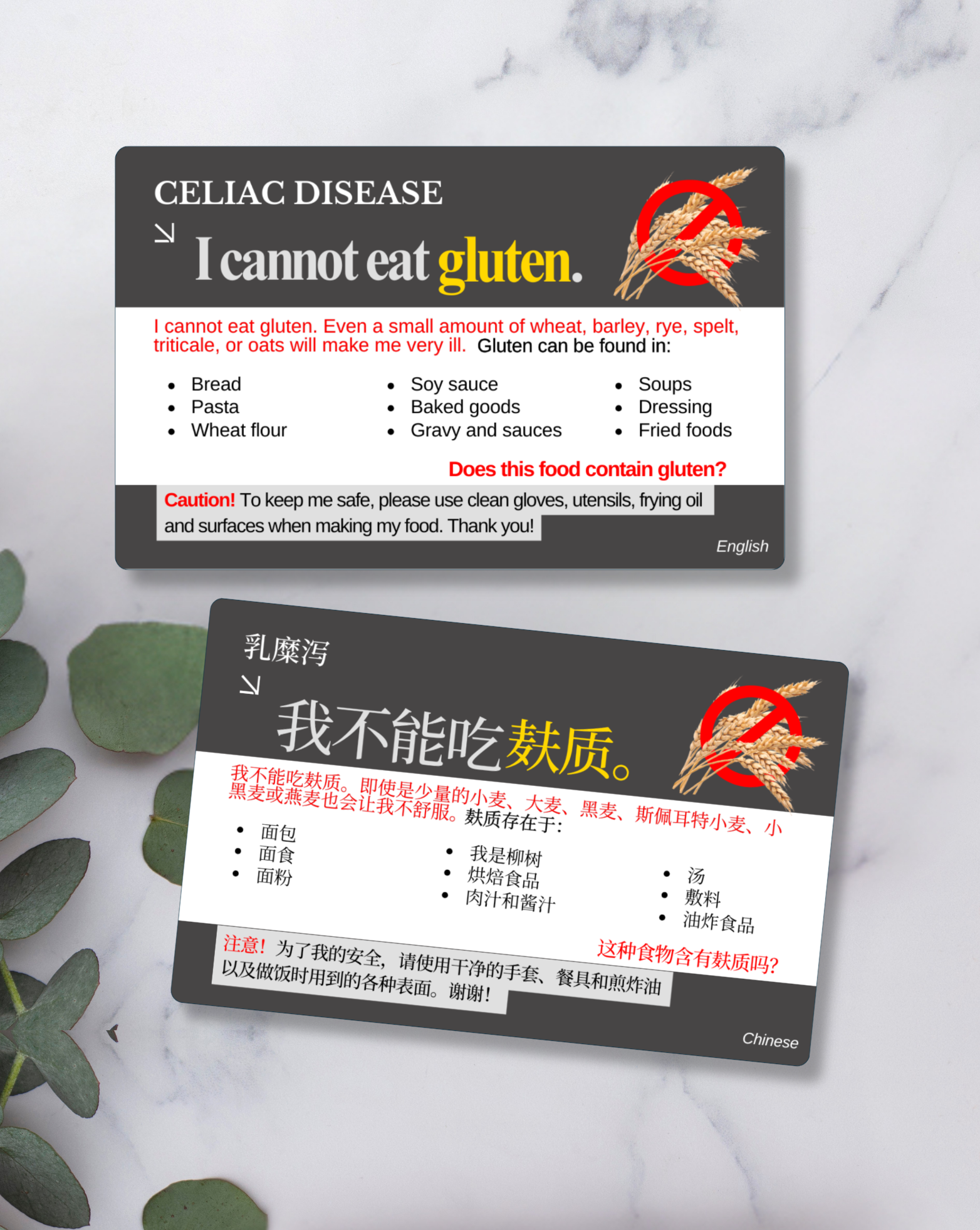 Celiac Disease / Gluten Allergy Alert Card – Bilingual (English + Your Chosen Language)