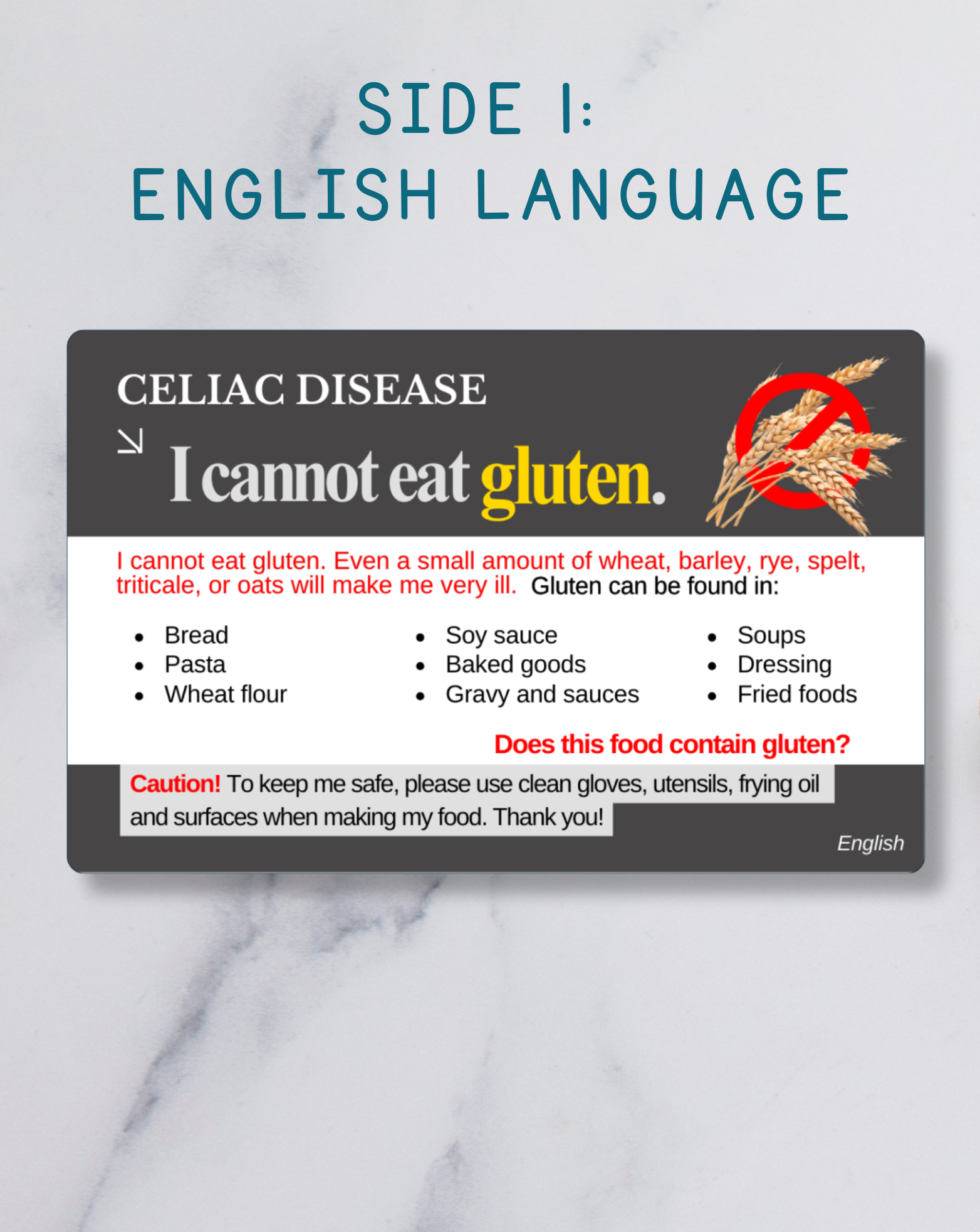 Celiac Disease / Gluten Allergy Alert Card – Bilingual (English + Your Chosen Language)