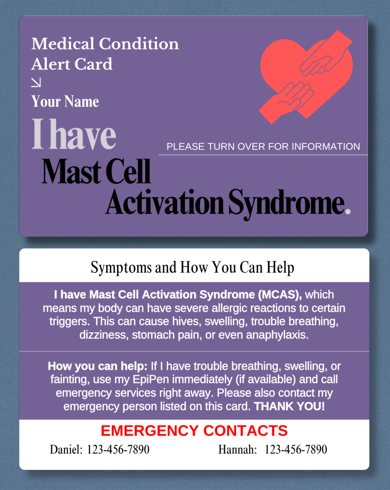 Mast Cell Activation Syndrome Medical Alert Card