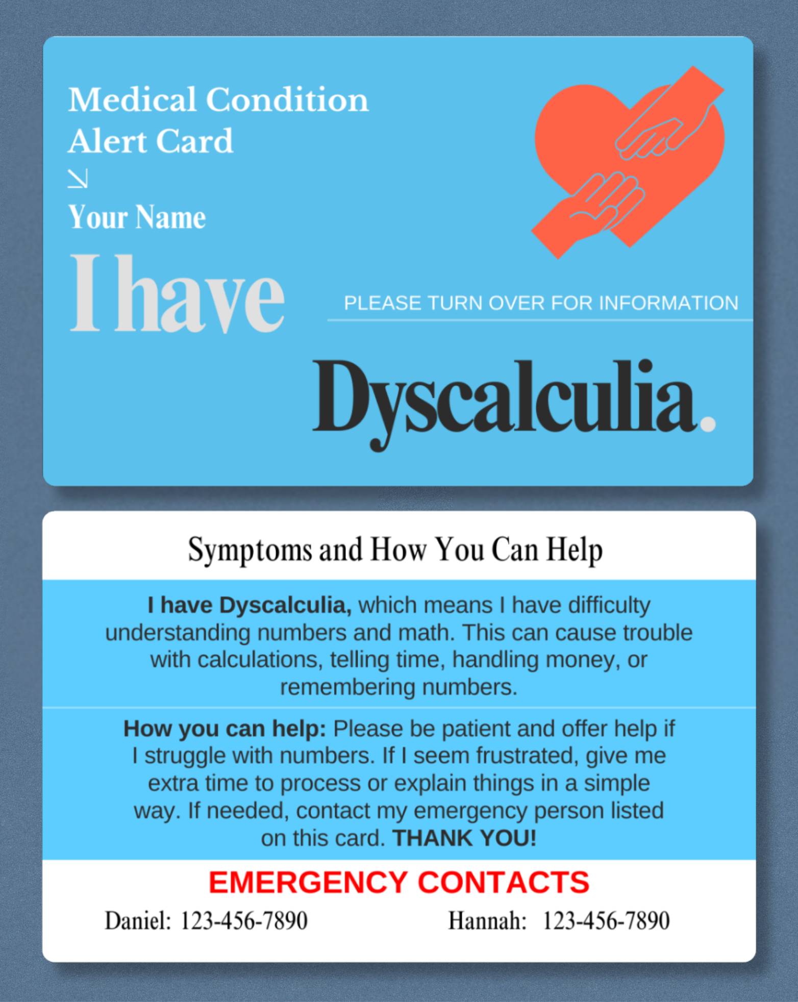 Dyscalculia Medical Alert Card