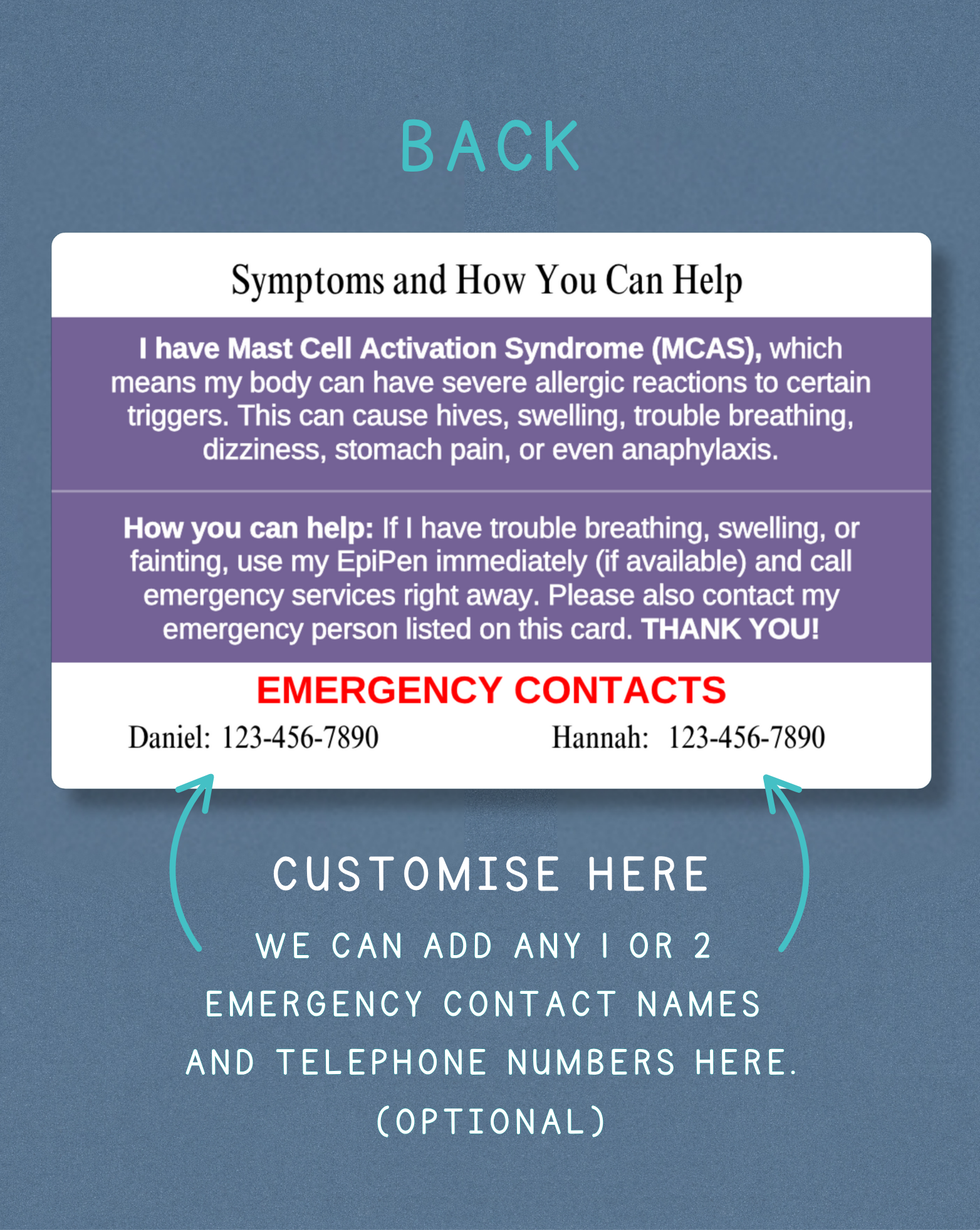 Mast Cell Activation Syndrome Medical Alert Card