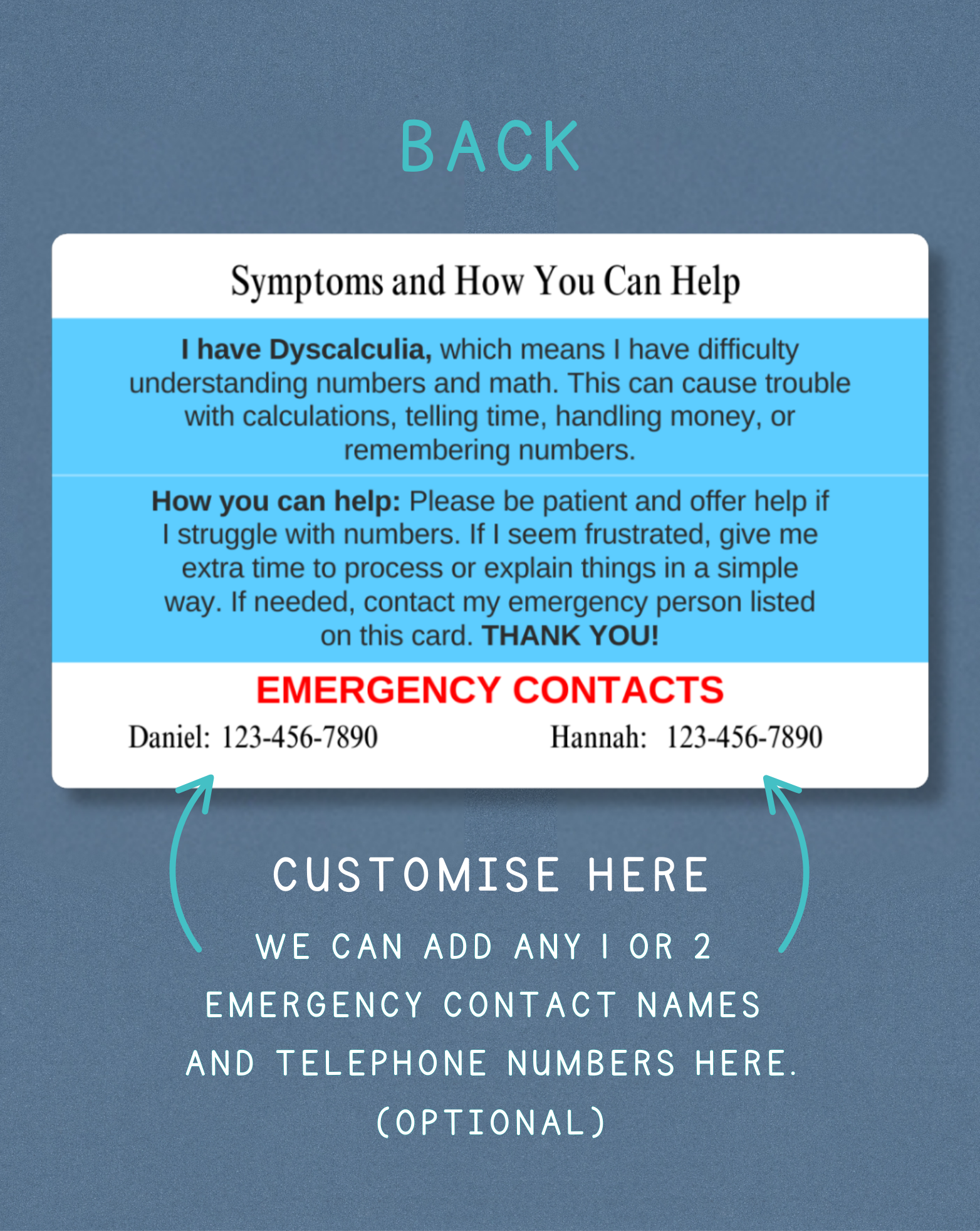 Dyscalculia Medical Alert Card