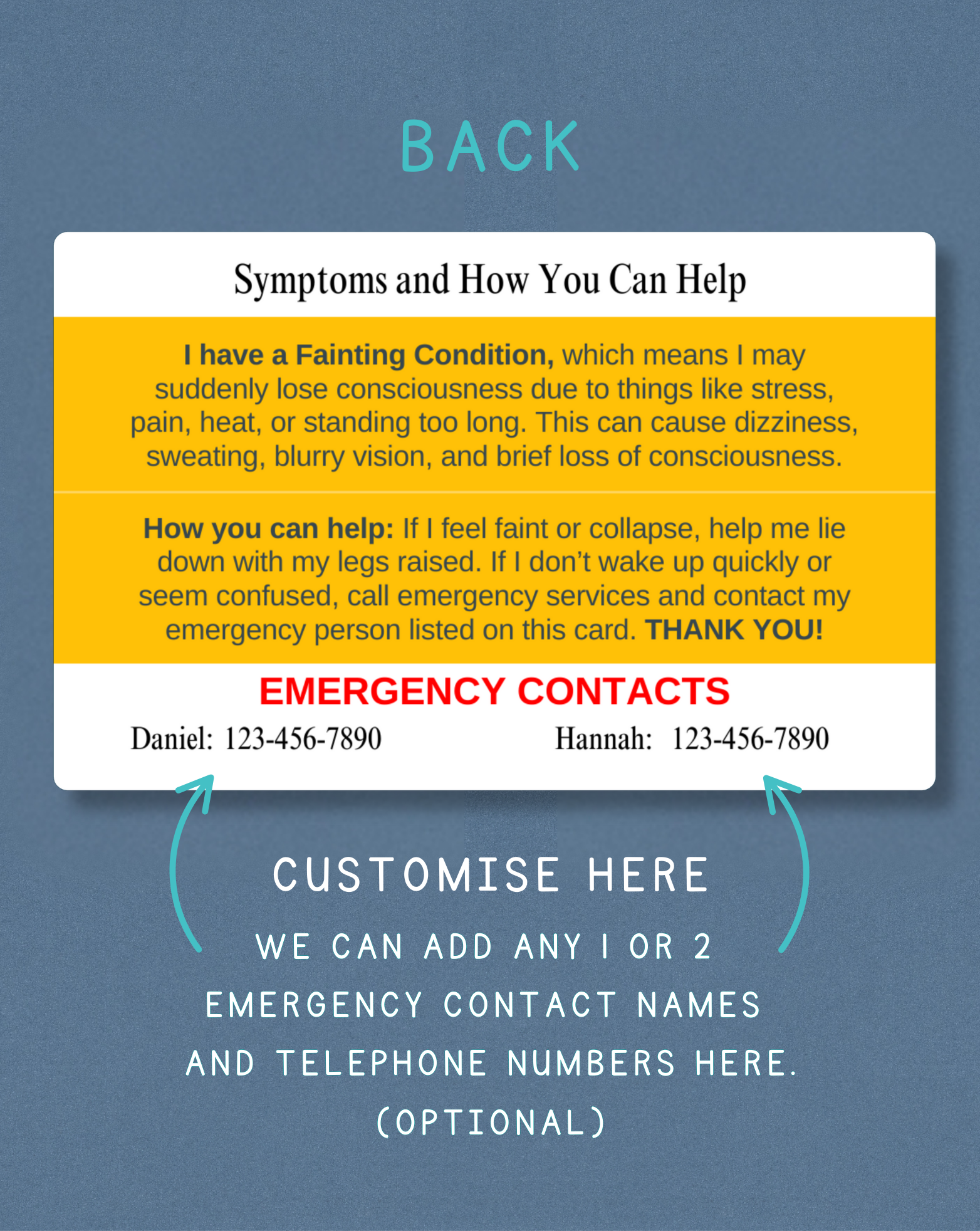 Fainting Condition Medical Alert Card