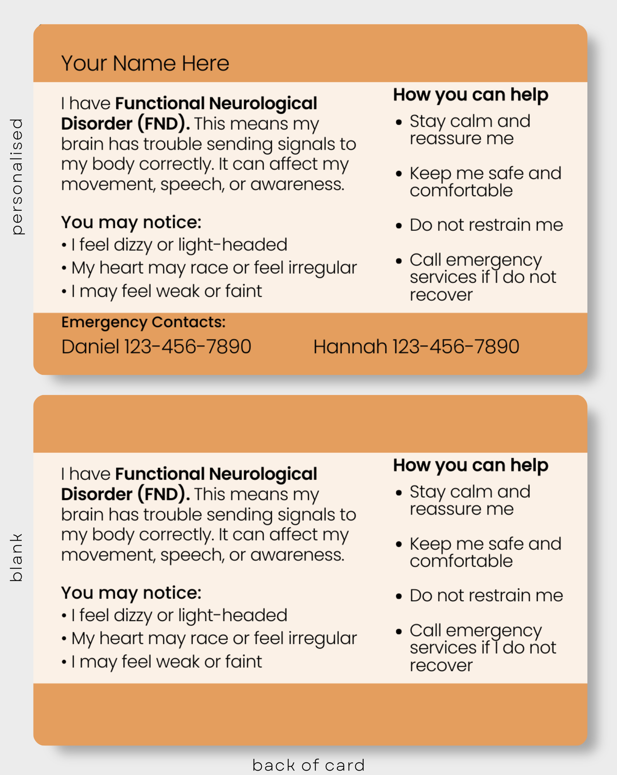 Back of Functional Neurological Disorder Medical Alert Card showing important information