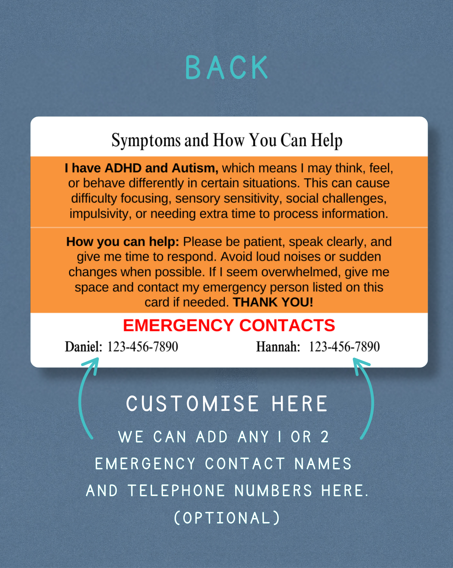 ADHD and Autism Medical Alert Card