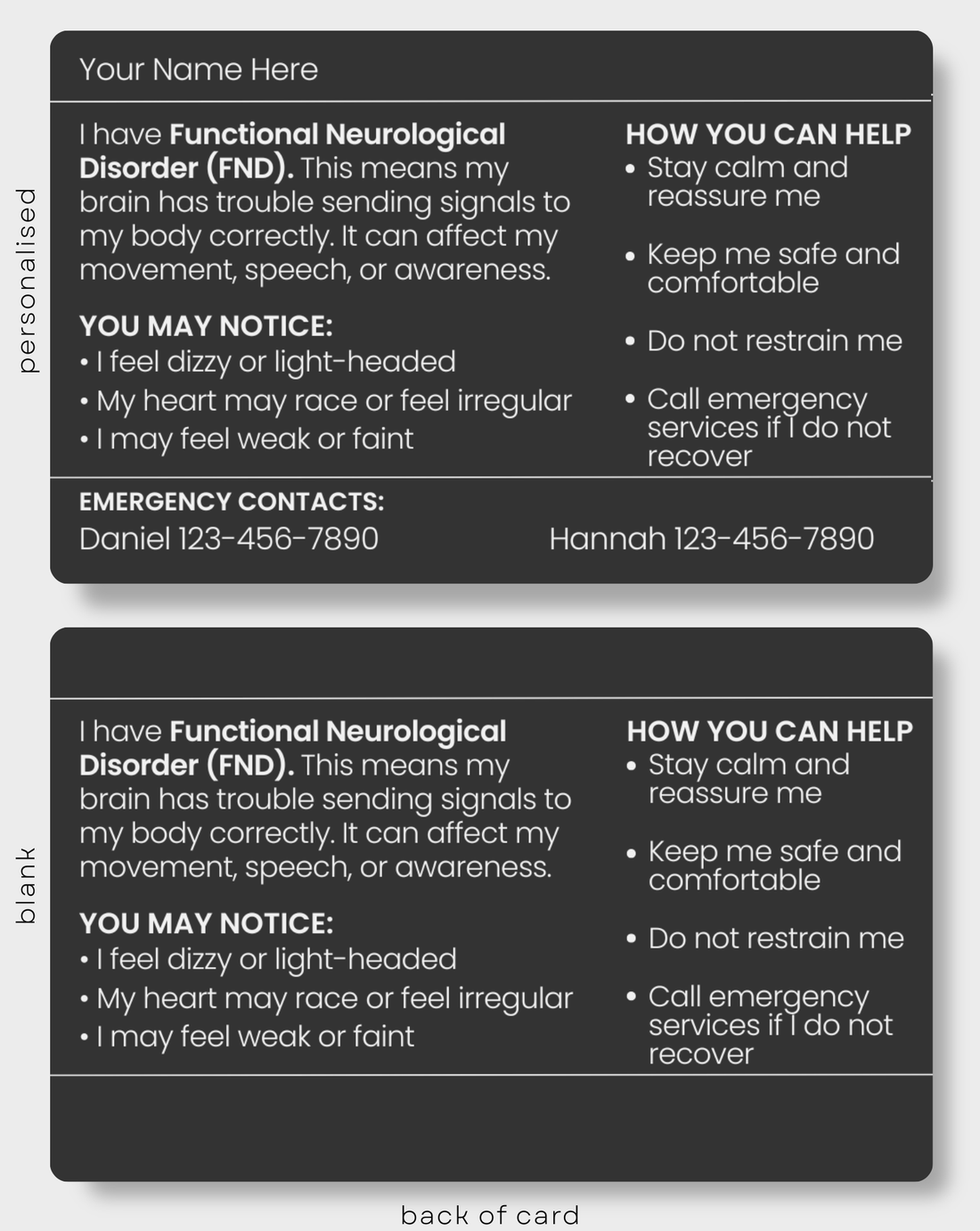 Black Functional Neurological Disorder (FND) engraved medical alert card held in hand