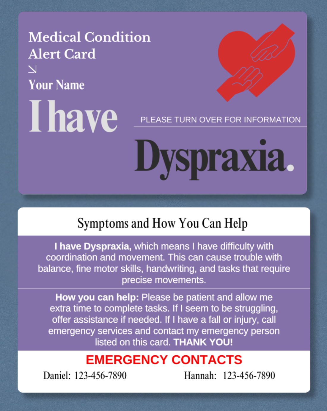 Dyspraxia Medical Alert Card