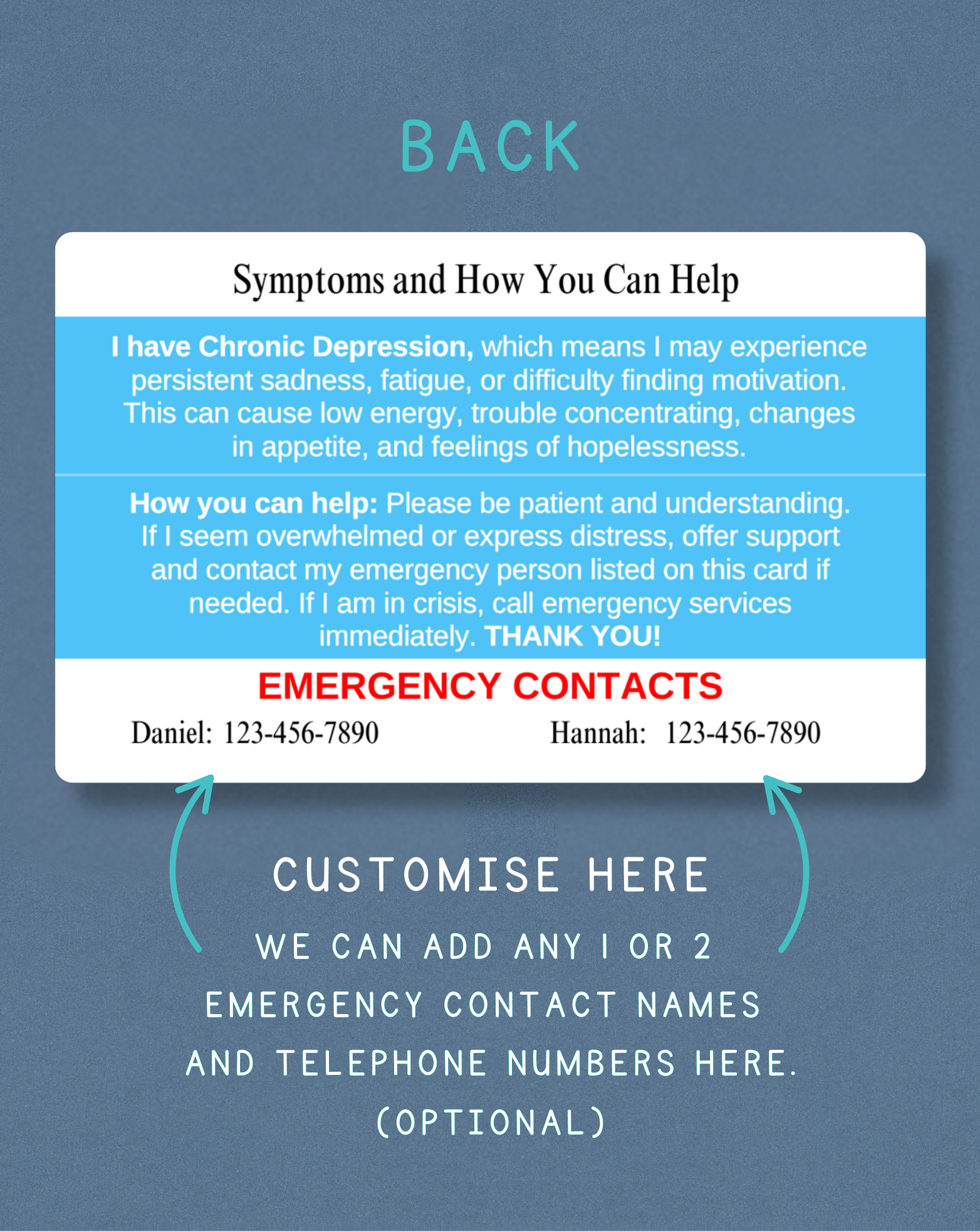 Chronic Depression Medical Alert Card