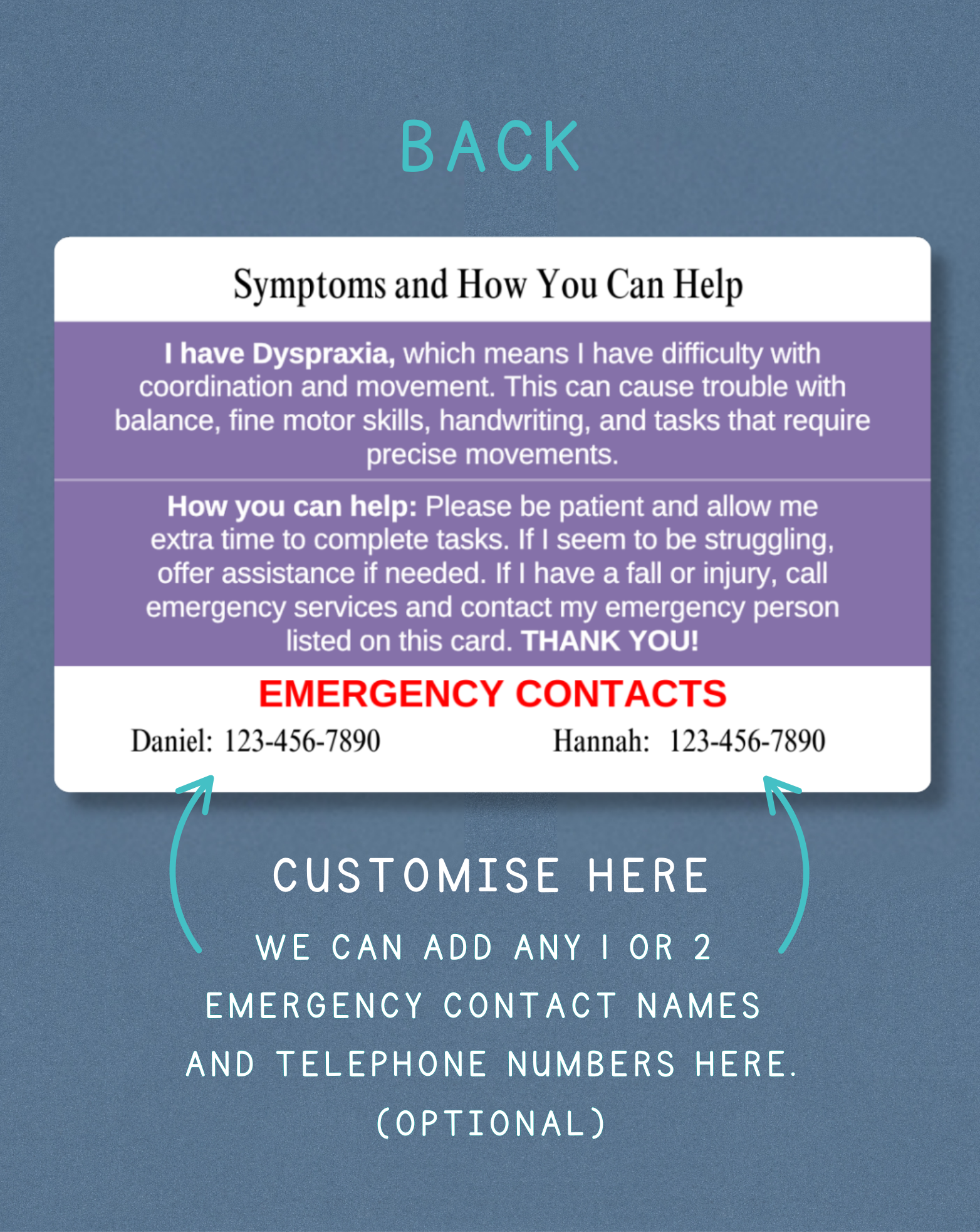 Dyspraxia Medical Alert Card