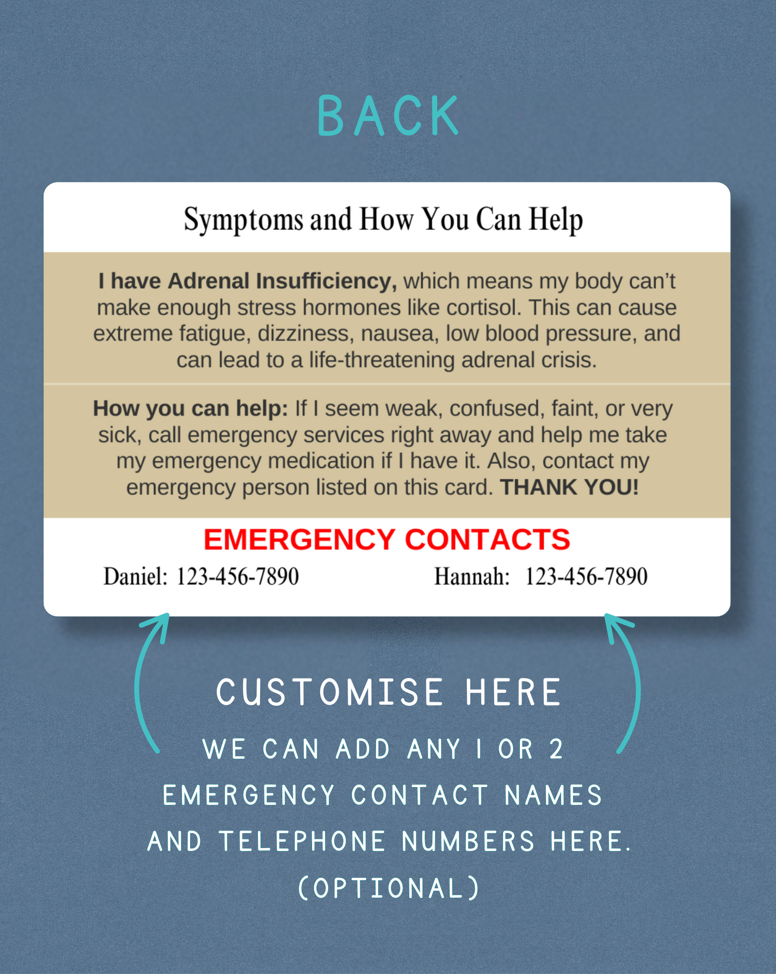 Adrenal Insufficiency Medical Alert Card