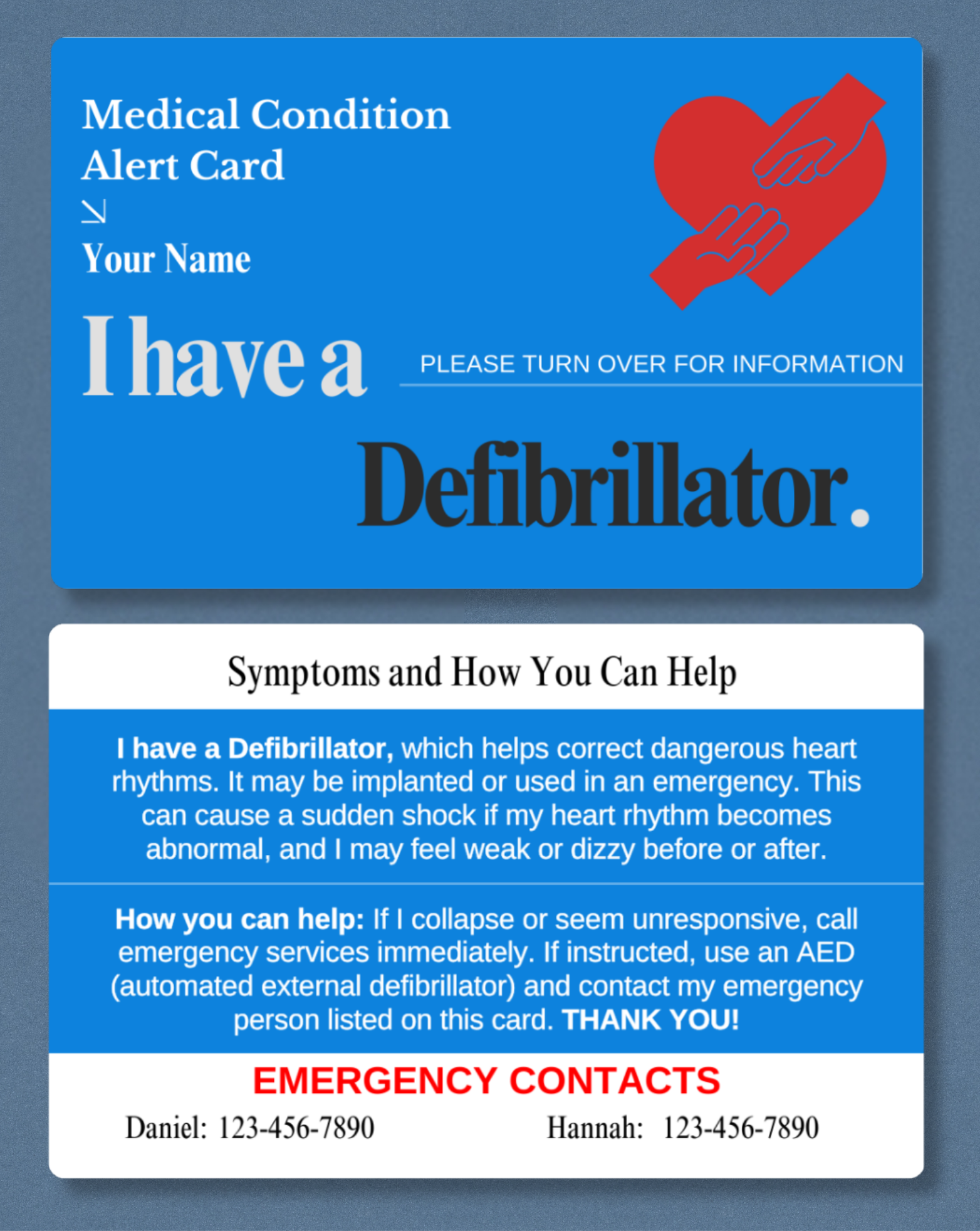 Defibrillator Medical Alert Card